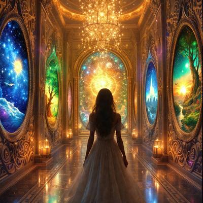 The primary subject of the image is a woman wearing a white dress, standing in a hallway with a golden glow. The setting is a room with a large number of paintings on the walls, creating a unique and artistic atmosphere. The visual style of the image is a combination of photo and digital art, giving it a surreal and dreamy appearance. The colors and mood of the image are predominantly warm and inviting, with the golden glow and the woman's elegant dress adding a touch of soph